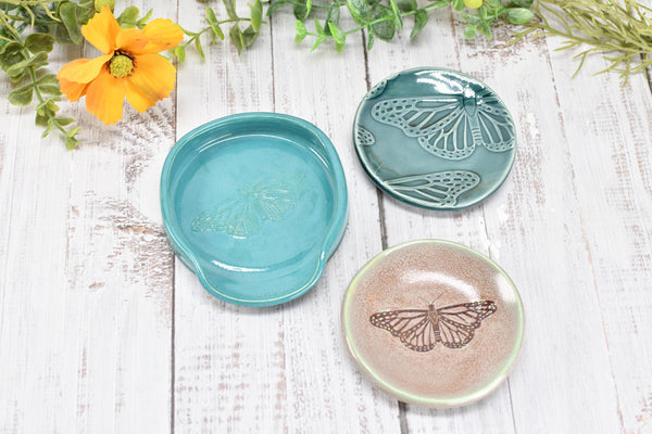 Monarch Butterfly Ceramic Small Coffee Spoon Rest, Handmade Stoneware Pottery Jewelry Trinket Dish, Blue Green Pink, Nature Lover Gift