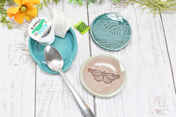 Monarch Butterfly Ceramic Small Coffee Spoon Rest, Handmade Stoneware Pottery Jewelry Trinket Dish, Blue Green Pink, Nature Lover Gift