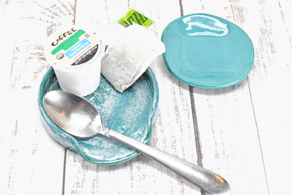Island Decor Ceramic Spoon Rest, Turquoise Blue Handmade Small Pottery for Stovetop, Table Counter - Housewarming Gift Ocean Beach