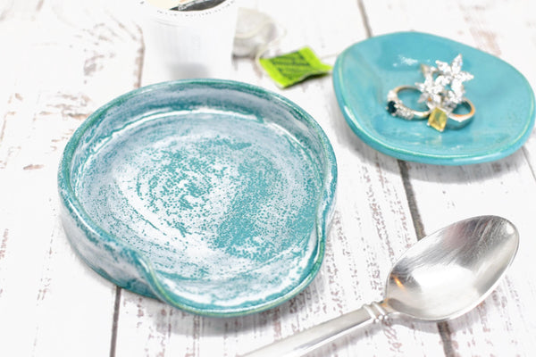 Island Decor Ceramic Spoon Rest, Turquoise Blue Handmade Small Pottery for Stovetop, Table Counter - Housewarming Gift Ocean Beach