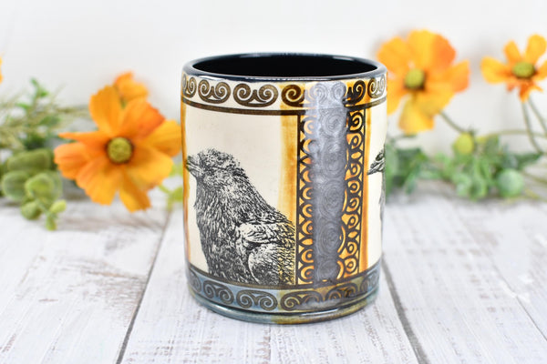 Raven Ceramic Tumbler Cup Bird Lover Gift, Gothic Handmade Coffee Stoneware Decor, Hand Painted Pottery Drinkware Black Blue Amber Yellow