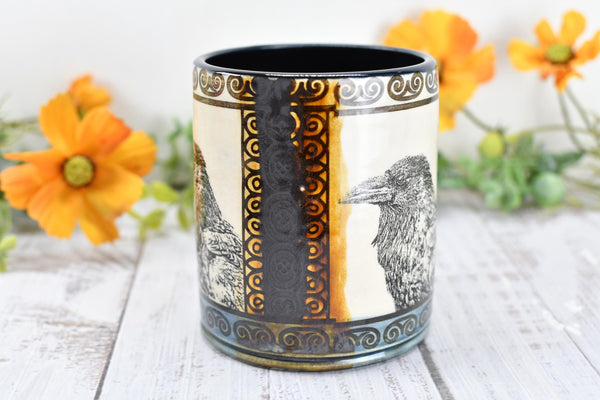 Raven Ceramic Tumbler Cup Bird Lover Gift, Gothic Handmade Coffee Stoneware Decor, Hand Painted Pottery Drinkware Black Blue Amber Yellow