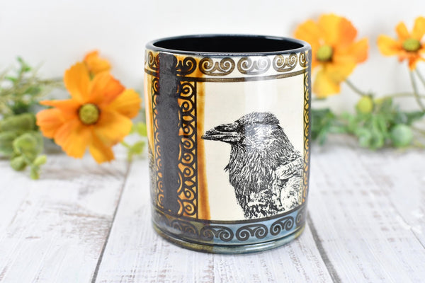 Raven Ceramic Tumbler Cup Bird Lover Gift, Gothic Handmade Coffee Stoneware Decor, Hand Painted Pottery Drinkware Black Blue Amber Yellow