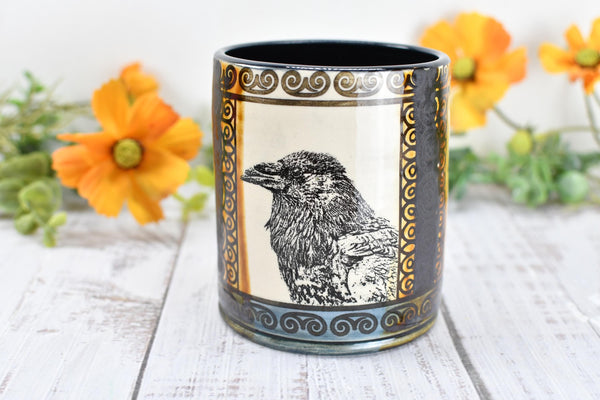 Raven Ceramic Tumbler Cup Bird Lover Gift, Gothic Handmade Coffee Stoneware Decor, Hand Painted Pottery Drinkware Black Blue Amber Yellow