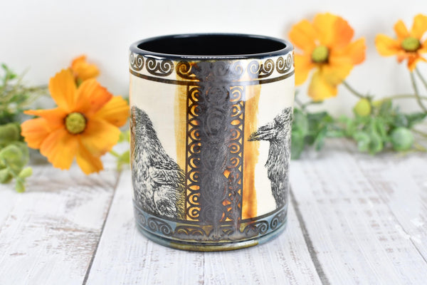 Raven Ceramic Tumbler Cup Bird Lover Gift, Gothic Handmade Coffee Stoneware Decor, Hand Painted Pottery Drinkware Black Blue Amber Yellow