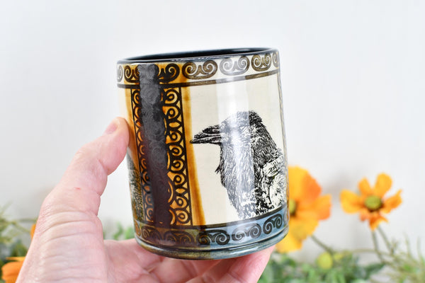 Raven Ceramic Tumbler Cup Bird Lover Gift, Gothic Handmade Coffee Stoneware Decor, Hand Painted Pottery Drinkware Black Blue Amber Yellow