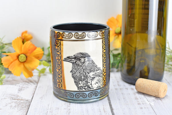 Raven Ceramic Tumbler Cup Bird Lover Gift, Gothic Handmade Coffee Stoneware Decor, Hand Painted Pottery Drinkware Black Blue Amber Yellow