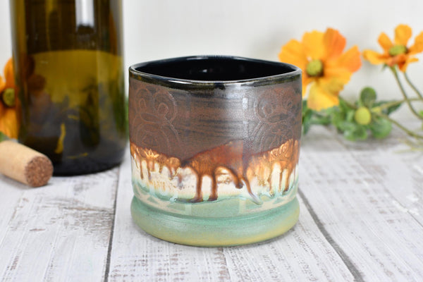 Handmade Ceramic Whiskey Tumbler, Bronze & Turquoise, Eco-Friendly 9th Anniversary Gift