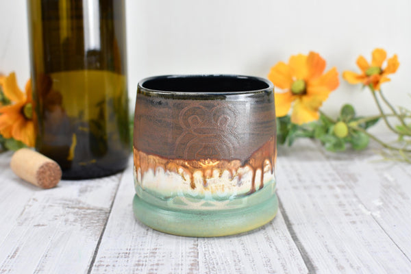 Handmade Ceramic Whiskey Tumbler, Bronze & Turquoise, Eco-Friendly 9th Anniversary Gift