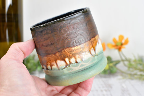 Handmade Ceramic Whiskey Tumbler, Bronze & Turquoise, Eco-Friendly 9th Anniversary Gift