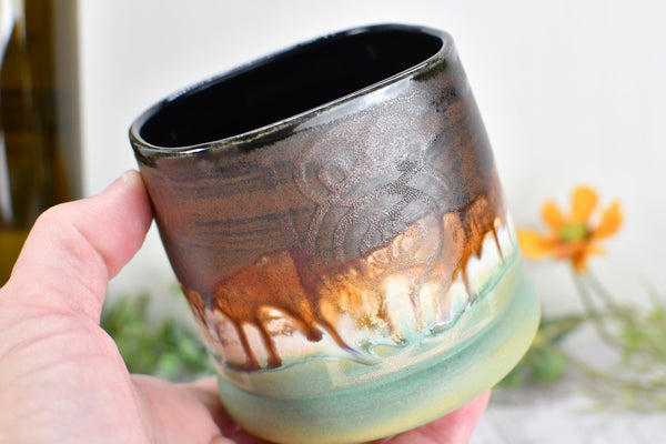 Handmade Ceramic Whiskey Tumbler, Bronze & Turquoise, Eco-Friendly 9th Anniversary Gift