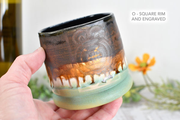 Handmade Ceramic Whiskey Tumbler, Bronze & Turquoise, Eco-Friendly 9th Anniversary Gift