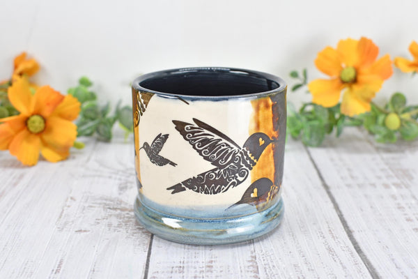 Bronze Anniversary Pottery Gift Hummingbird Cup, Wine Whiskey Bourbon, Handmade Ceramic Tumbler, Black, Blue, Tan, Bird Lover