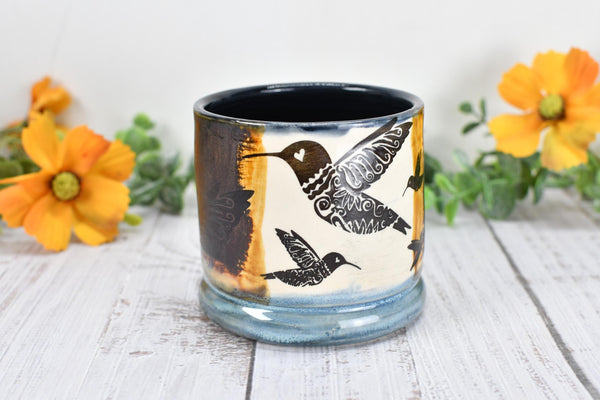 Bronze Anniversary Pottery Gift Hummingbird Cup, Wine Whiskey Bourbon, Handmade Ceramic Tumbler, Black, Blue, Tan, Bird Lover