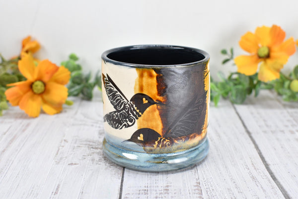 Bronze Anniversary Pottery Gift Hummingbird Cup, Wine Whiskey Bourbon, Handmade Ceramic Tumbler, Black, Blue, Tan, Bird Lover