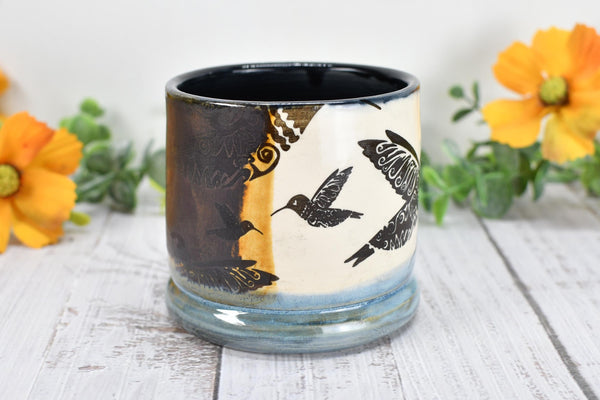 Bronze Anniversary Pottery Gift Hummingbird Cup, Wine Whiskey Bourbon, Handmade Ceramic Tumbler, Black, Blue, Tan, Bird Lover