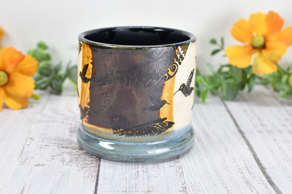 Bronze Anniversary Pottery Gift Hummingbird Cup, Wine Whiskey Bourbon, Handmade Ceramic Tumbler, Black, Blue, Tan, Bird Lover