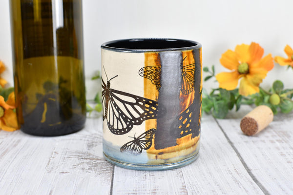 Butterfly Bronze Pottery Anniversary Cup for Wine, Whiskey, Bourbon, Handmade Ceramic Tumbler, Black, Blue, Tan, Monarch Garden Lover Gift