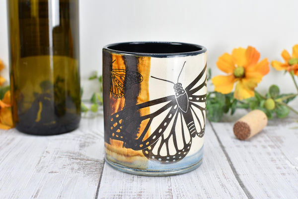 Butterfly Bronze Pottery Anniversary Cup for Wine, Whiskey, Bourbon, Handmade Ceramic Tumbler, Black, Blue, Tan, Monarch Garden Lover Gift