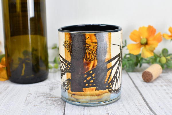 Butterfly Bronze Pottery Anniversary Cup for Wine, Whiskey, Bourbon, Handmade Ceramic Tumbler, Black, Blue, Tan, Monarch Garden Lover Gift