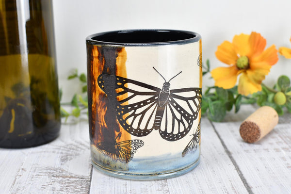 Butterfly Bronze Pottery Anniversary Cup for Wine, Whiskey, Bourbon, Handmade Ceramic Tumbler, Black, Blue, Tan, Monarch Garden Lover Gift