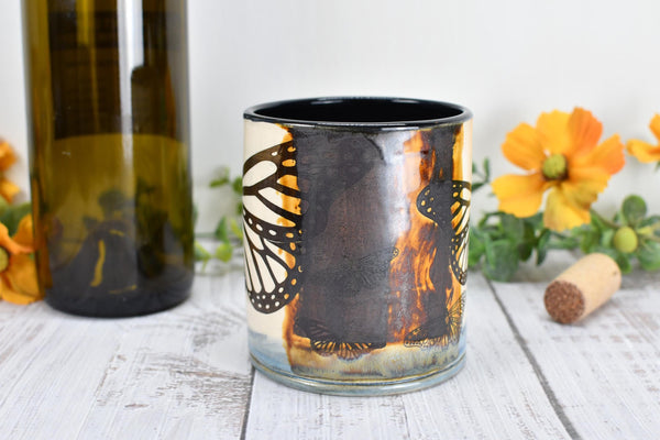 Butterfly Bronze Pottery Anniversary Cup for Wine, Whiskey, Bourbon, Handmade Ceramic Tumbler, Black, Blue, Tan, Monarch Garden Lover Gift