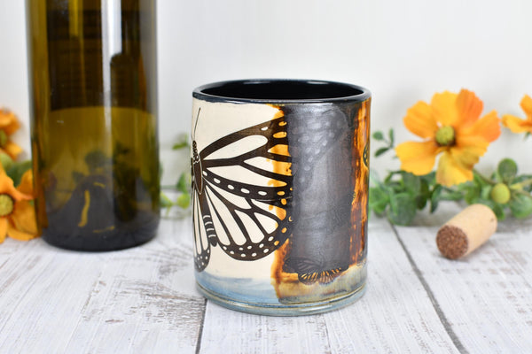 Butterfly Bronze Pottery Anniversary Cup for Wine, Whiskey, Bourbon, Handmade Ceramic Tumbler, Black, Blue, Tan, Monarch Garden Lover Gift