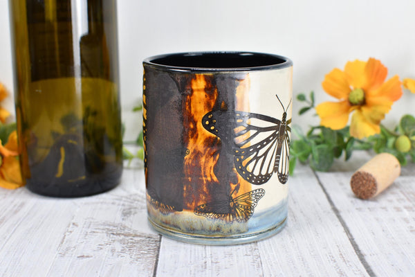 Butterfly Bronze Pottery Anniversary Cup for Wine, Whiskey, Bourbon, Handmade Ceramic Tumbler, Black, Blue, Tan, Monarch Garden Lover Gift
