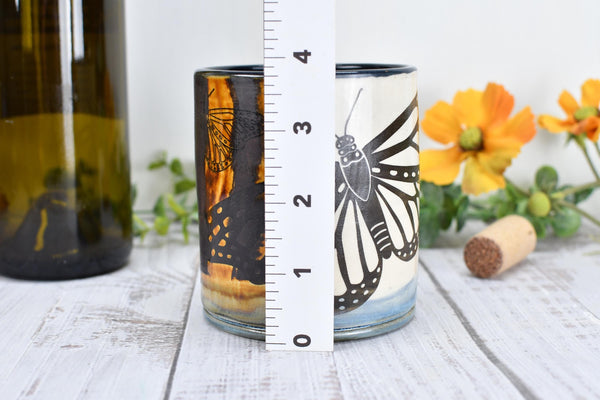 Butterfly Bronze Pottery Anniversary Cup for Wine, Whiskey, Bourbon, Handmade Ceramic Tumbler, Black, Blue, Tan, Monarch Garden Lover Gift