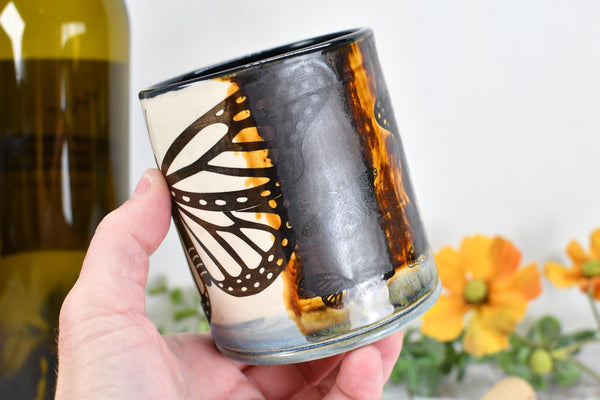 Butterfly Bronze Pottery Anniversary Cup for Wine, Whiskey, Bourbon, Handmade Ceramic Tumbler, Black, Blue, Tan, Monarch Garden Lover Gift