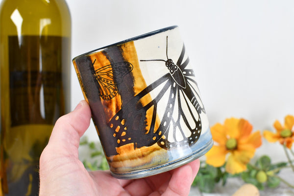 Butterfly Bronze Pottery Anniversary Cup for Wine, Whiskey, Bourbon, Handmade Ceramic Tumbler, Black, Blue, Tan, Monarch Garden Lover Gift