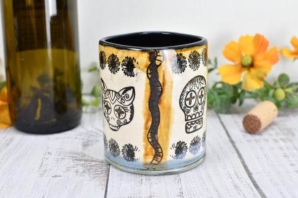 Sugar Skull Ceramic Tumbler, Day of The Dead Cup, BoHo Gift, Gothic Handmade Coffee Stoneware, Hand Painted Pottery, Cat, Dog, Black White