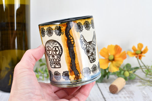 Sugar Skull Ceramic Tumbler, Day of The Dead Cup, BoHo Gift, Gothic Handmade Coffee Stoneware, Hand Painted Pottery, Cat, Dog, Black White