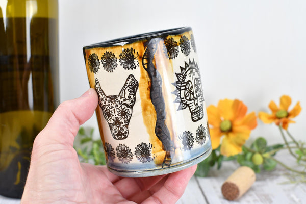 Sugar Skull Ceramic Tumbler, Day of The Dead Cup, BoHo Gift, Gothic Handmade Coffee Stoneware, Hand Painted Pottery, Cat, Dog, Black White