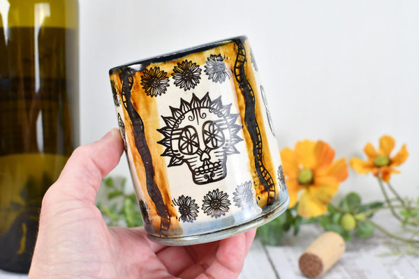 Sugar Skull Ceramic Tumbler, Day of The Dead Cup, BoHo Gift, Gothic Handmade Coffee Stoneware, Hand Painted Pottery, Cat, Dog, Black White