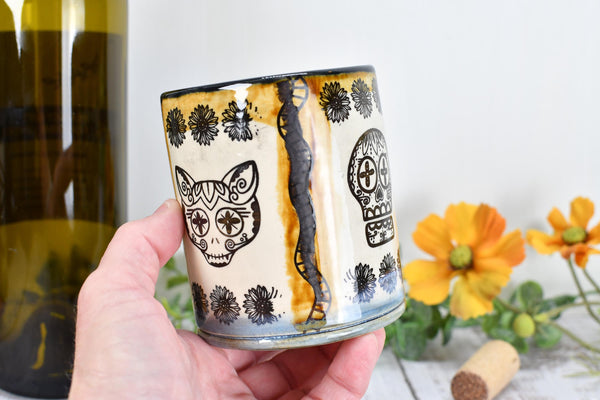 Sugar Skull Ceramic Tumbler, Day of The Dead Cup, BoHo Gift, Gothic Handmade Coffee Stoneware, Hand Painted Pottery, Cat, Dog, Black White