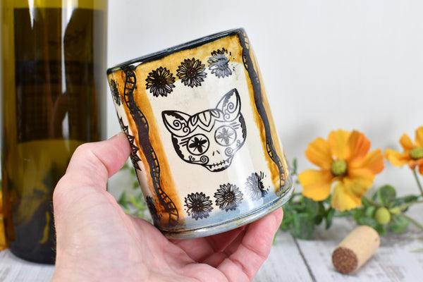 Sugar Skull Ceramic Tumbler, Day of The Dead Cup, BoHo Gift, Gothic Handmade Coffee Stoneware, Hand Painted Pottery, Cat, Dog, Black White
