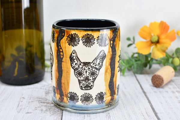 Sugar Skull Ceramic Tumbler, Day of The Dead Cup, BoHo Gift, Gothic Handmade Coffee Stoneware, Hand Painted Pottery, Cat, Dog, Black White