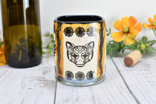 Sugar Skull Ceramic Tumbler, Day of The Dead Cup, BoHo Gift, Gothic Handmade Coffee Stoneware, Hand Painted Pottery, Cat, Dog, Black White