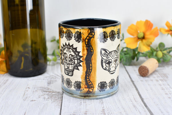Sugar Skull Ceramic Tumbler, Day of The Dead Cup, BoHo Gift, Gothic Handmade Coffee Stoneware, Hand Painted Pottery, Cat, Dog, Black White
