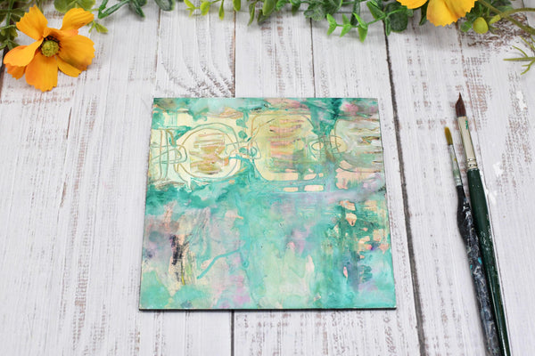 Original Abstract Painting 6x6, Intuitive Art on Panel, Small Unframed Wall Art, Green Yellow French Floral