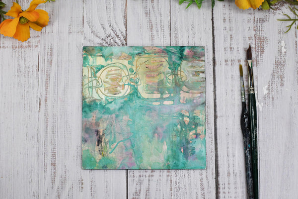 Original Abstract Painting 6x6, Intuitive Art on Panel, Small Unframed Wall Art, Green Yellow French Floral