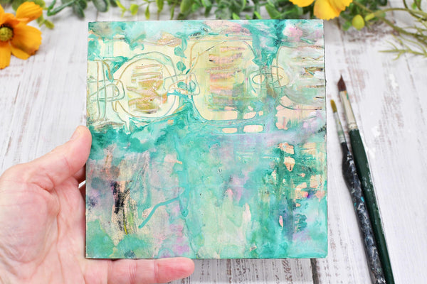 Original Abstract Painting 6x6, Intuitive Art on Panel, Small Unframed Wall Art, Green Yellow French Floral