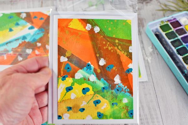 Greeting Card Set, 4 Blank Inside with Hand-Painted Art - Original Mixed Media, Orange Yellow Green Blue Retro