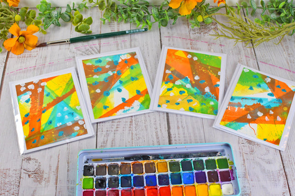 Greeting Card Set, 4 Blank Inside with Hand-Painted Art - Original Mixed Media, Orange Yellow Green Blue Retro