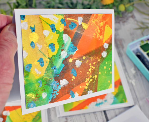 Greeting Card Set, 4 Blank Inside with Hand-Painted Art - Original Mixed Media, Orange Yellow Green Blue Retro