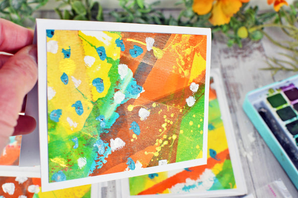 Greeting Card Set, 4 Blank Inside with Hand-Painted Art - Original Mixed Media, Orange Yellow Green Blue Retro