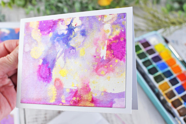 Greeting Card Set, 4 Blank Inside with Hand-Painted Art - Original Mixed Media, Purple Pink Blue Gold Splatter