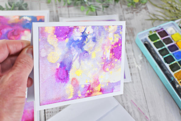 Greeting Card Set, 4 Blank Inside with Hand-Painted Art - Original Mixed Media, Purple Pink Blue Gold Splatter