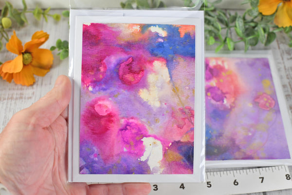 Greeting Card Set, 4 Blank Inside with Hand-Painted Art - Original Mixed Media, Purple Pink Blue Gold Splatter